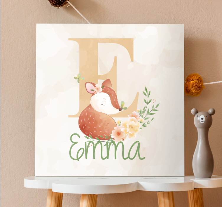 Baby fox with initial and name cocktail canvas - TenStickers