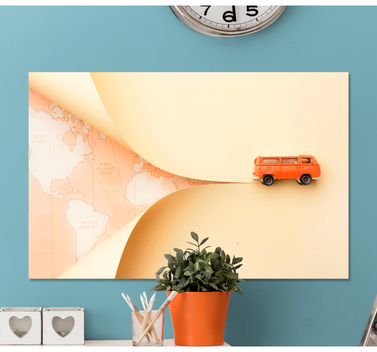 Cityscape wall art featuring a traveling orange van - TenStickers