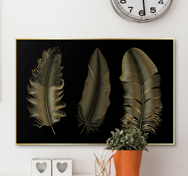 Golden feathers on black background canvas art - TenStickers