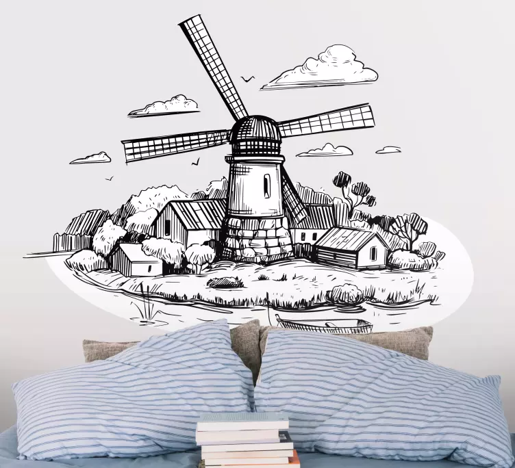 Black and white village drawing vinyl decal - TenStickers