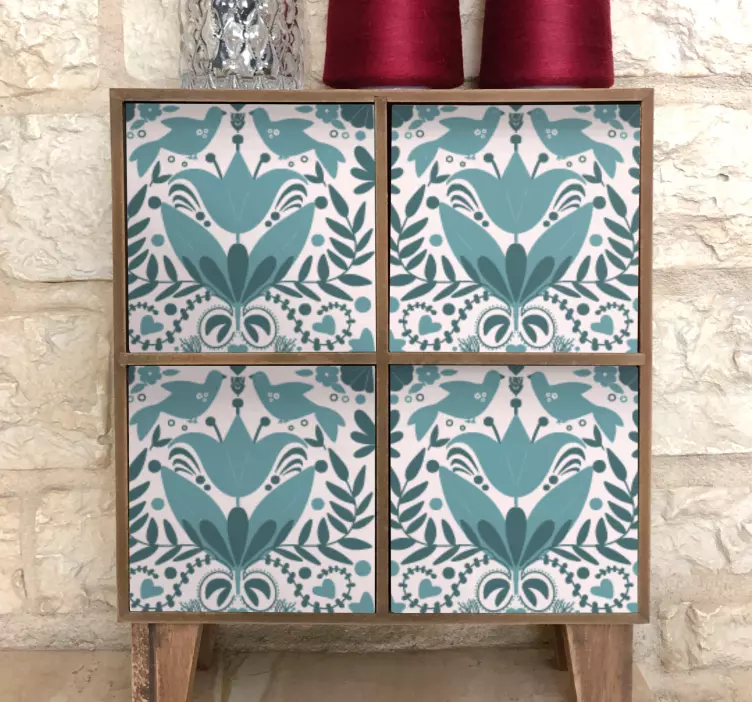 Blue folk art pattern with bird furniture decal - TenStickers