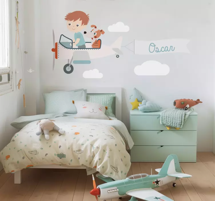 Boy and dog on a plane sticker illustration - TenStickers
