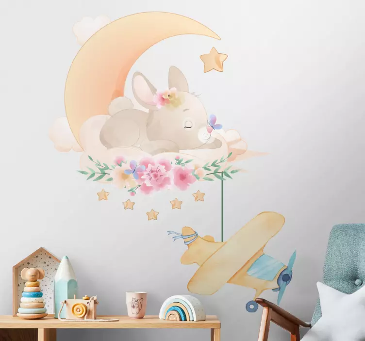 Bunny sleepy on the moon with plane decal - TenStickers