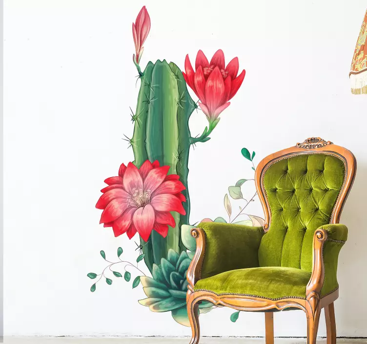 Cactus with big red flowers flower wall sticker - TenStickers