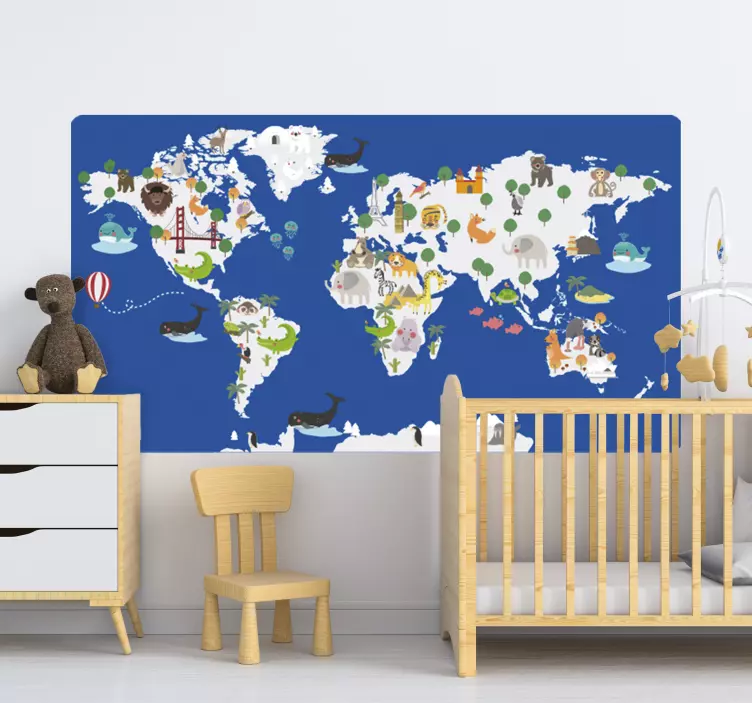 Classic blue floral fauna world map sticker - TenStickers