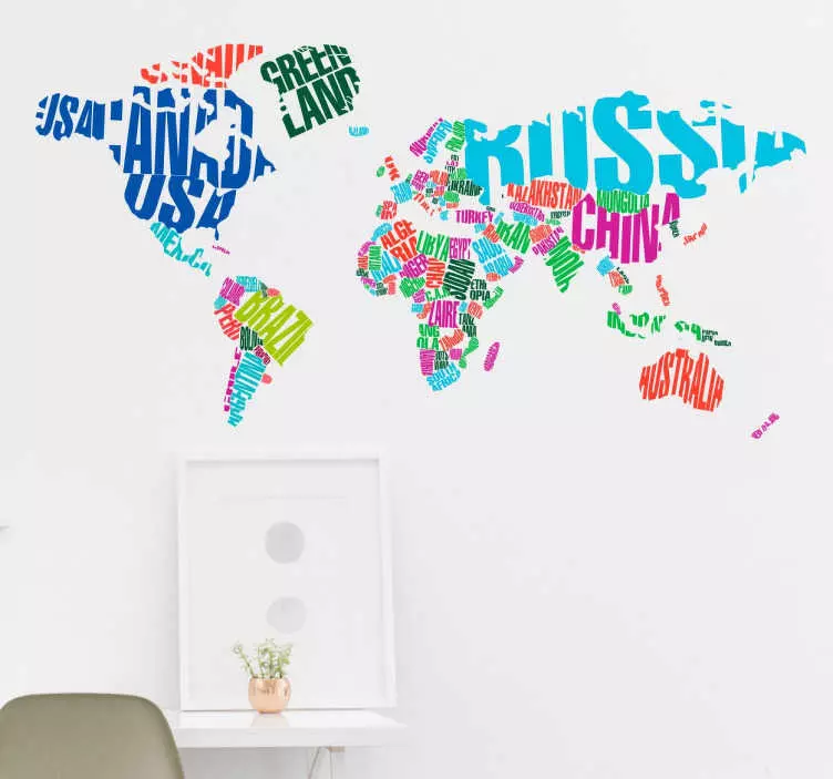 Colourful World Map with Country Text Sticker - TenStickers