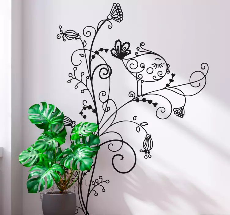 Floral Bird Curl Wall Sticker - TenStickers