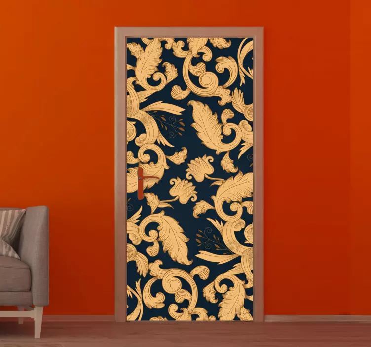 Golden ornamental floral door decal - TenStickers