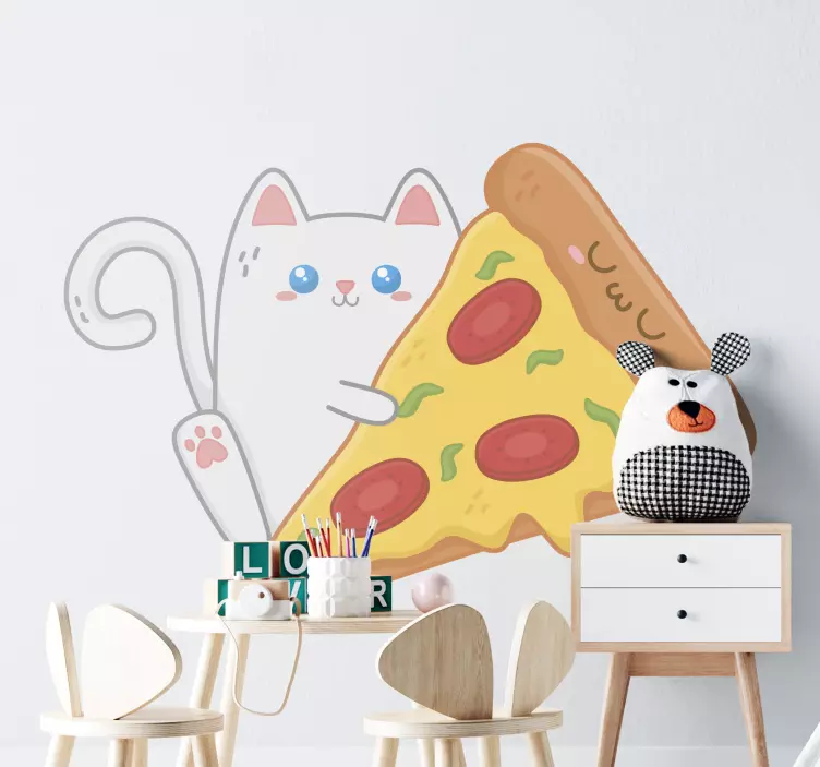 Kawaii cat with pizza illustration sticker - TenStickers