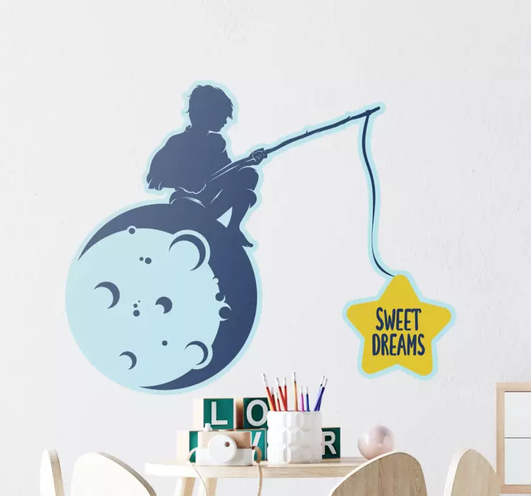 Kid on moon fishing dreams text wall sticker - TenStickers