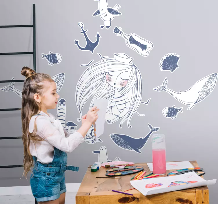 Mermaid and sea creatures sticker illustration - TenStickers