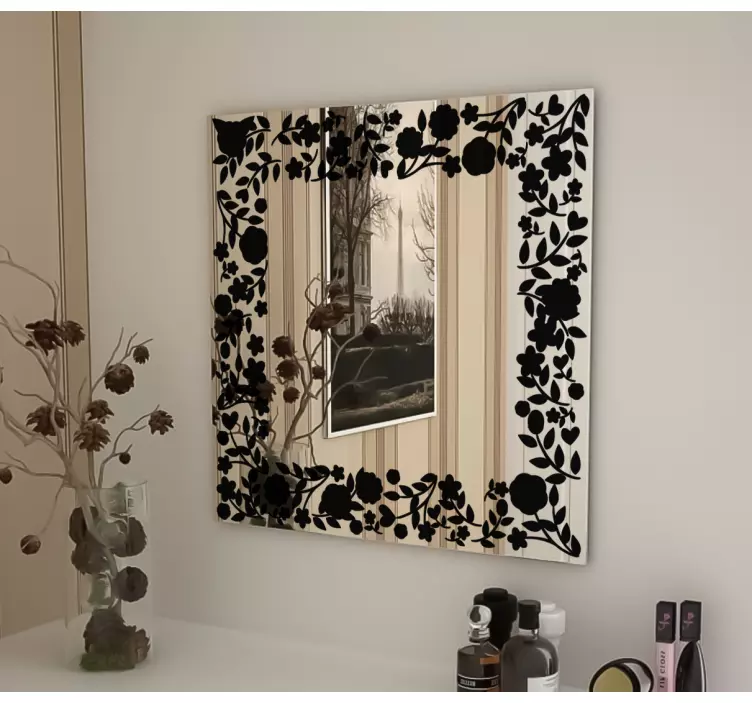 Silhouetted floral frame mirror sticker - TenStickers