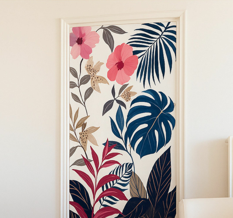 Multicolor tropical plants door sticker - TenStickers