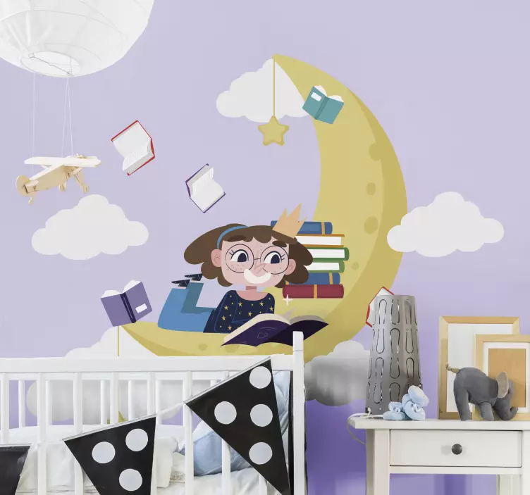 Once upon a time girl reading on moon sticker - TenStickers