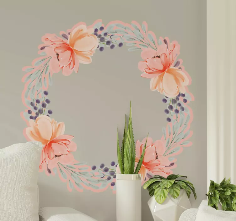 peony pink circular frame flower wall sticker - TenStickers