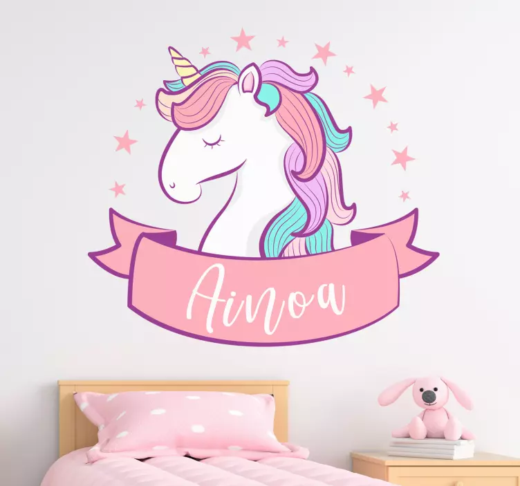 Pink unicorn with name illustration decal - TenStickers