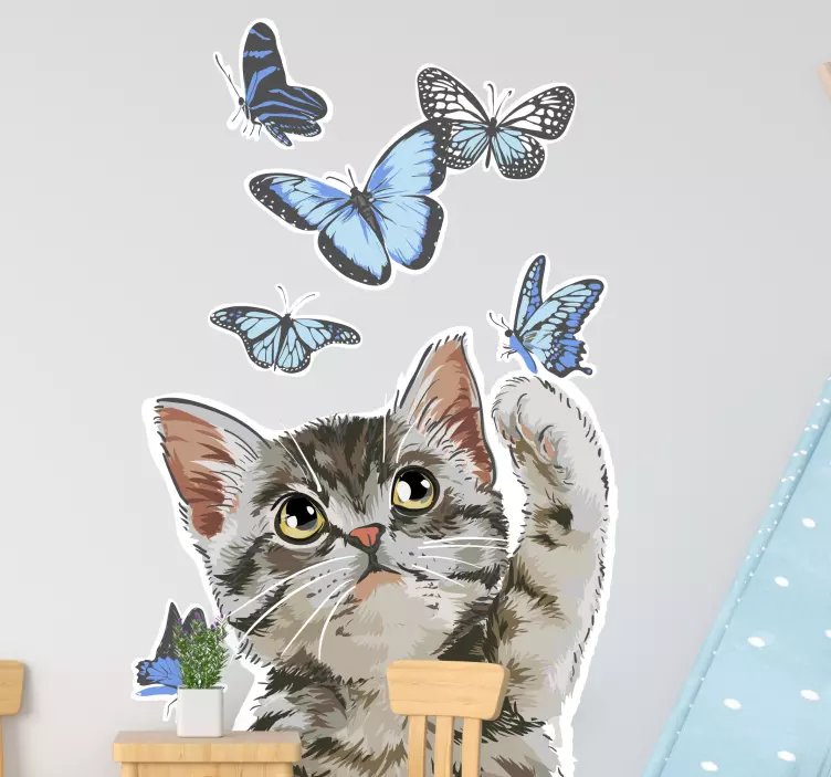 Catching blue butterflies cat sticker - TenStickers