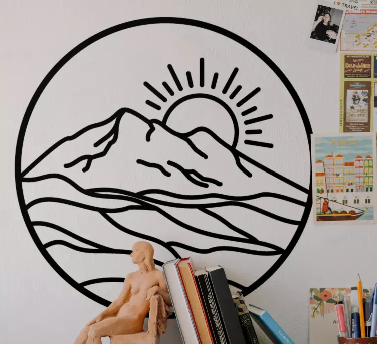 Round silhouette mountain with sun sticker - TenStickers