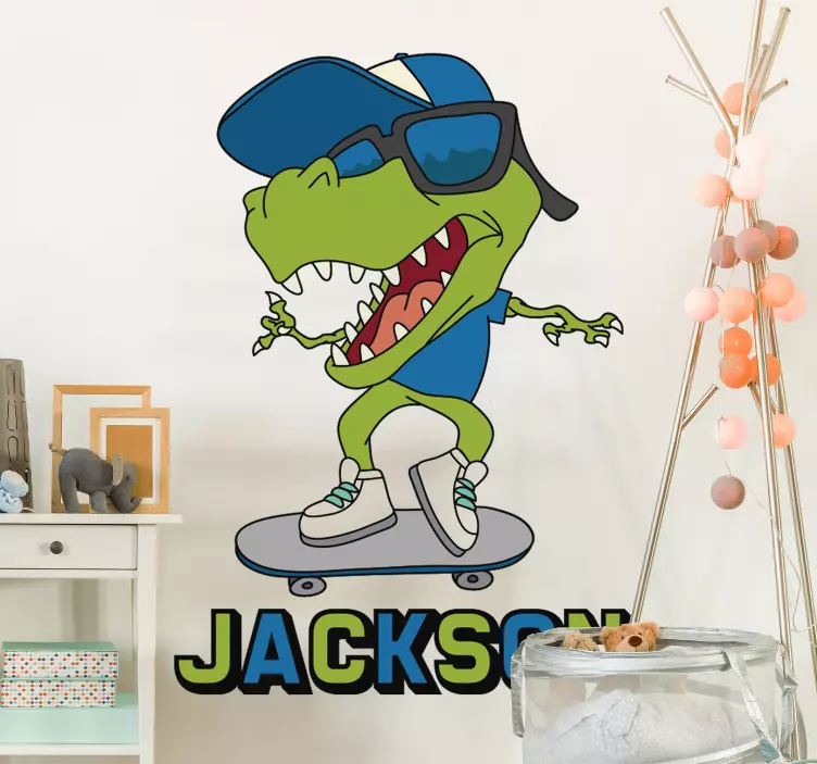 SKATEBOARDING DINOSAUR WITH NAME dragon wall sticker - TenStickers