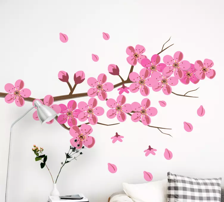 Tree branch pink flowers wall stickers - TenStickers