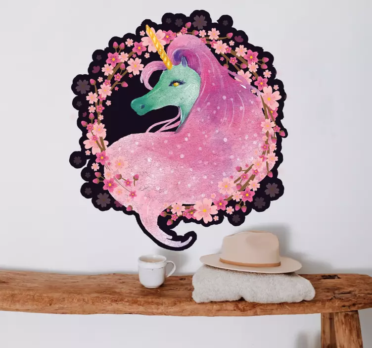 Unicorn in floral crown sticker illustration - TenStickers