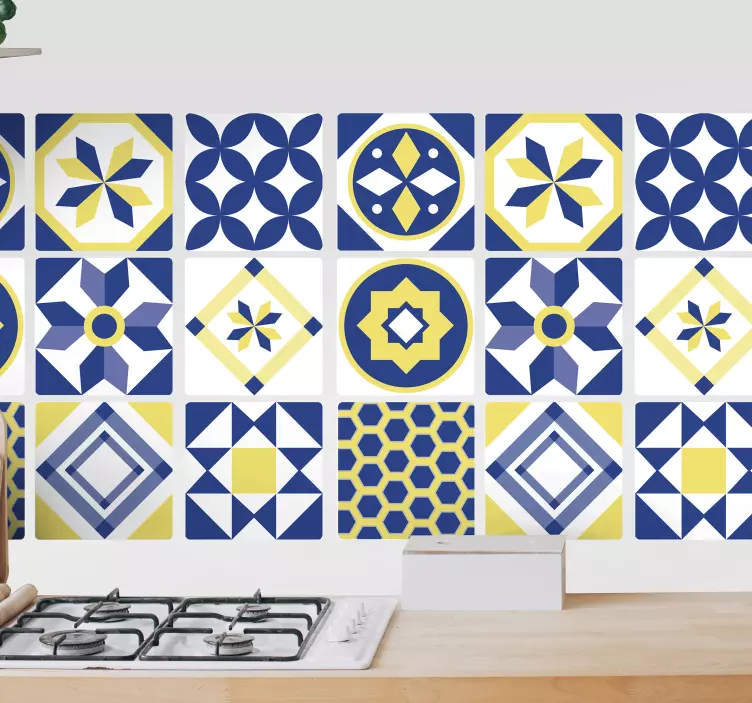 Yellow and blue geometric tile sticker - TenStickers
