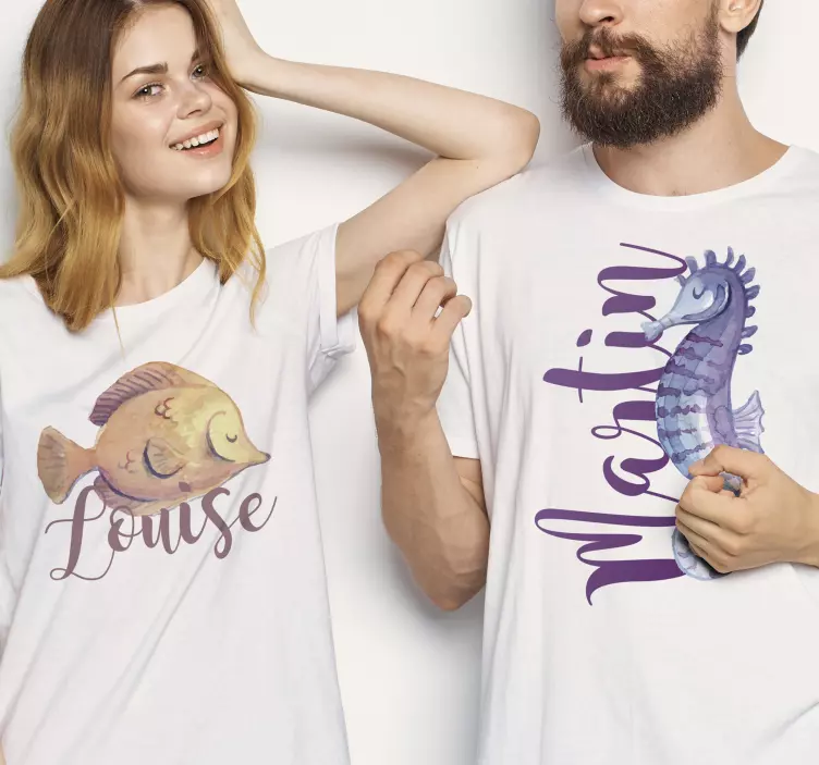 Sea Life watercolor DUO Couple t shirts - TenStickers