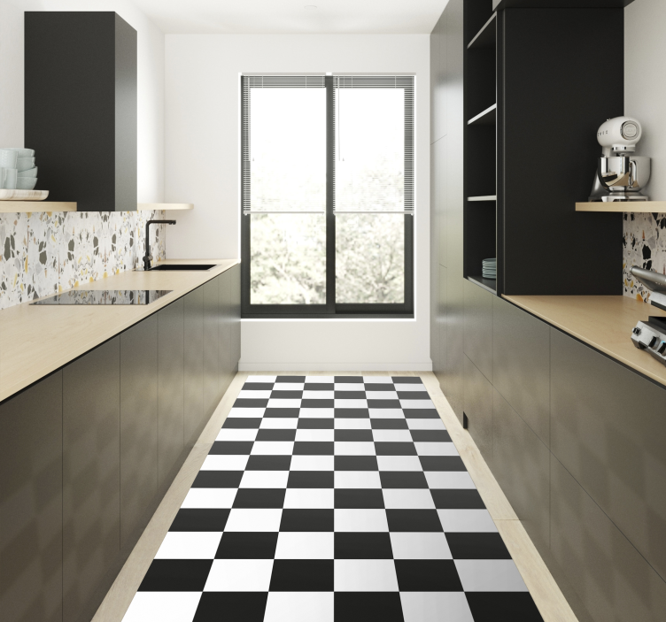 Checkerboard black and white kitchen vinyl rug - TenStickers
