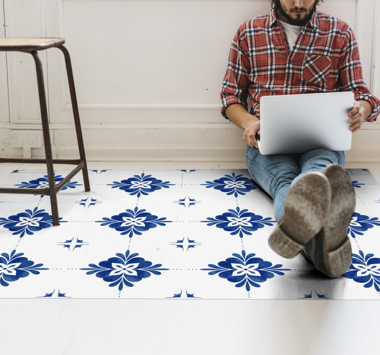 Blue Floral Motifs tile vinyl rug - TenStickers