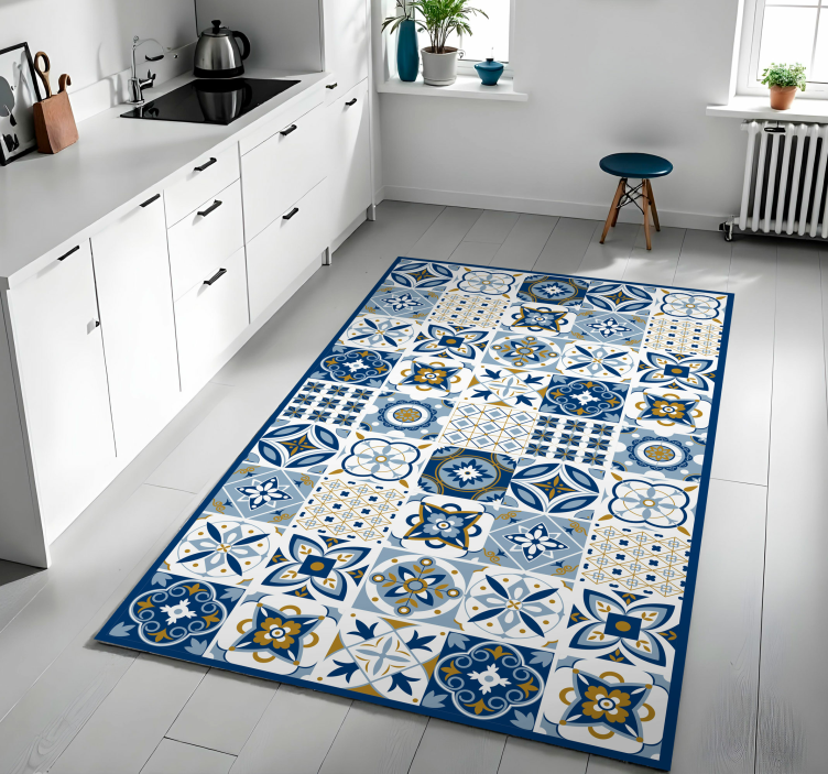 Blue Square tiles  kitchen vinyl rug - TenStickers