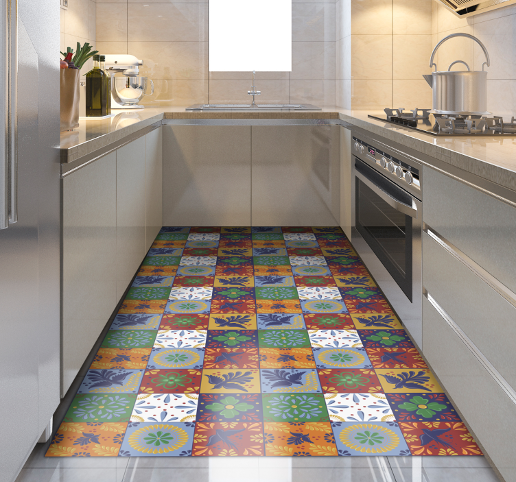 Colorful Mexican tile pattern kitchen vinyl rug - TenStickers