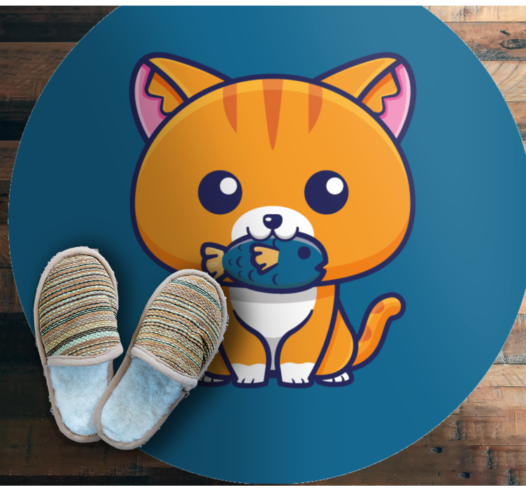 Cute cat eating fish cartoon  animal rug - TenStickers