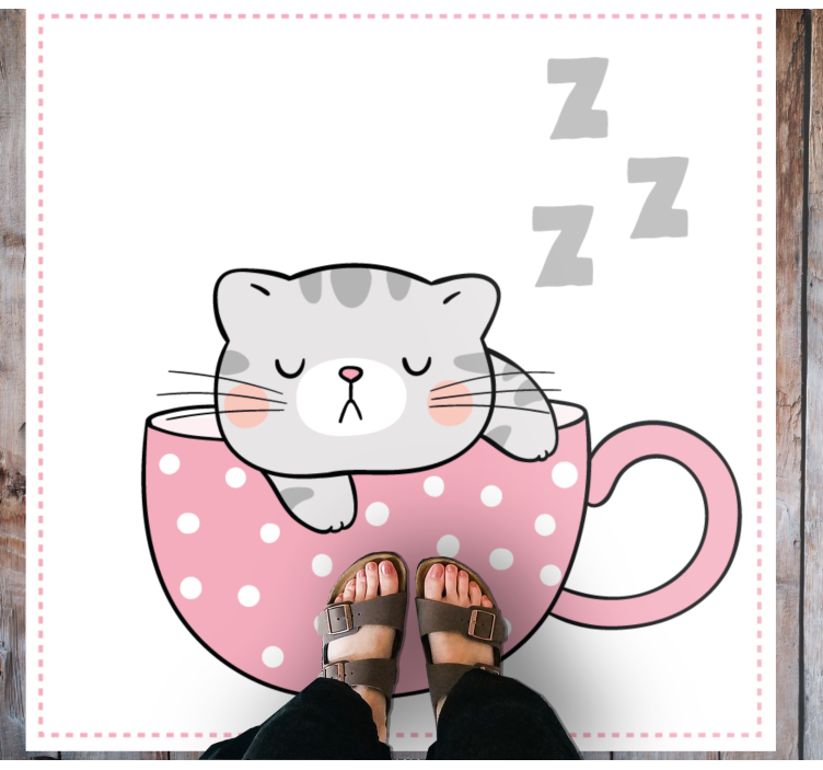 Cute cat sleeping on cup coffee cartoon rug - TenStickers