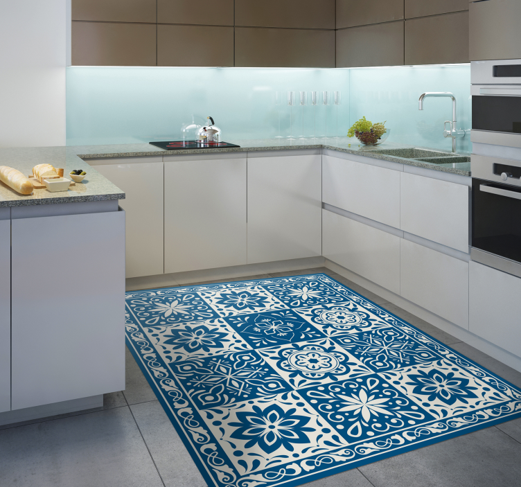floral blue tiles vinyl kitchen mat - TenStickers