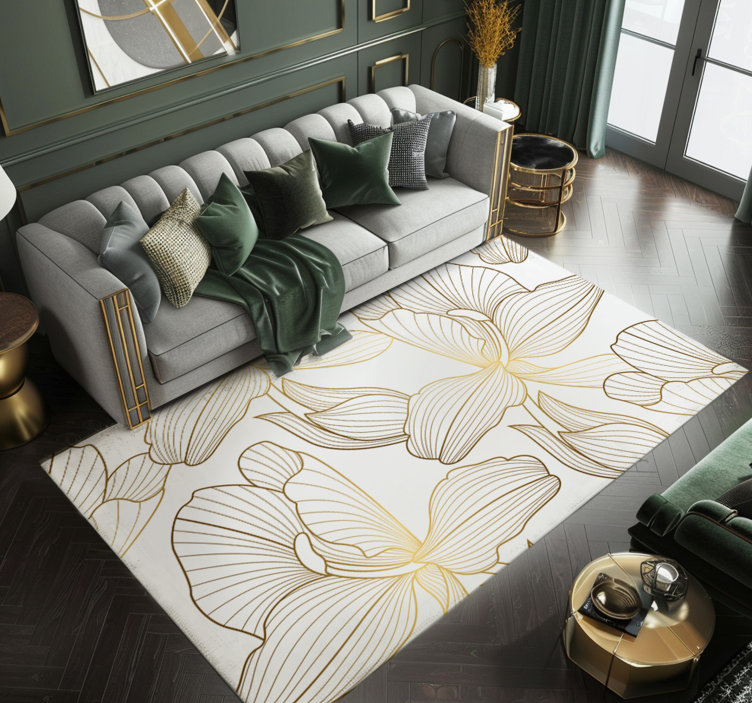 Golden flowers white vinyl rug - TenStickers