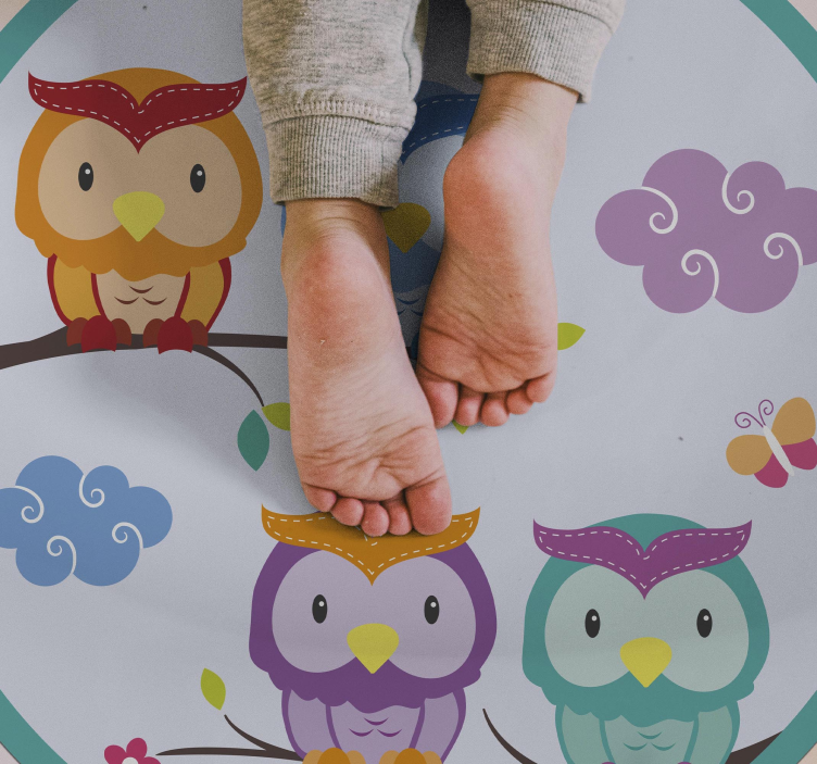 Kids colorful owls on branch vinyl rug - TenStickers