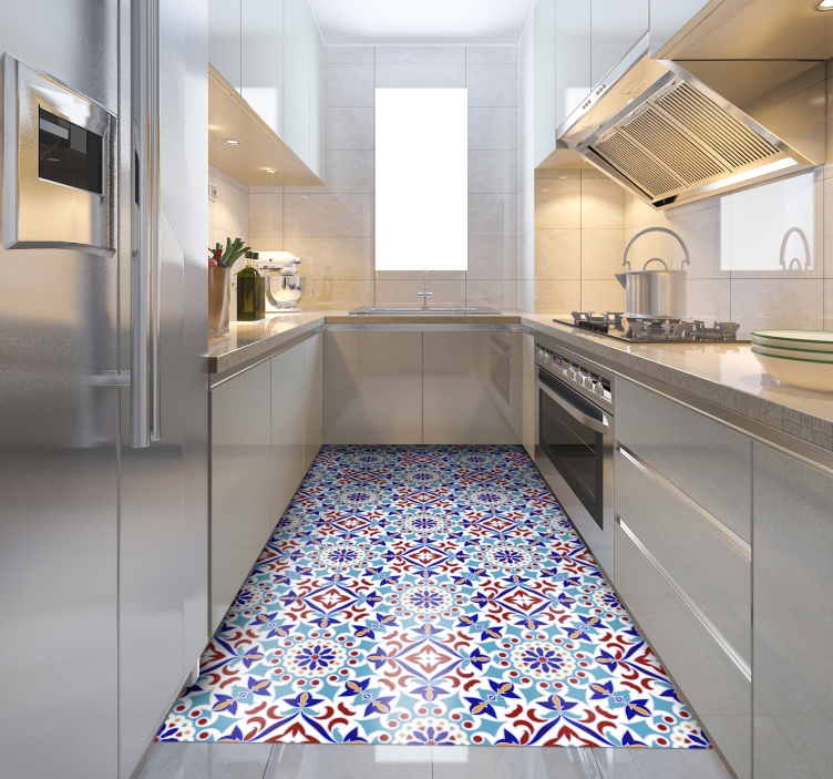 light blue tile pattern kitchen floor tiles - TenStickers
