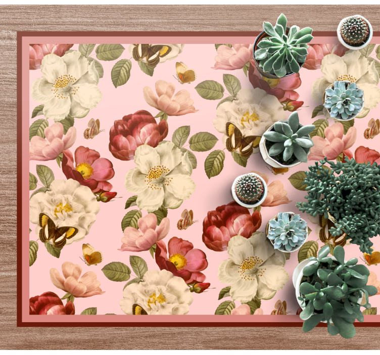 Pink and green flowers pattern nature vinyl rug - TenStickers
