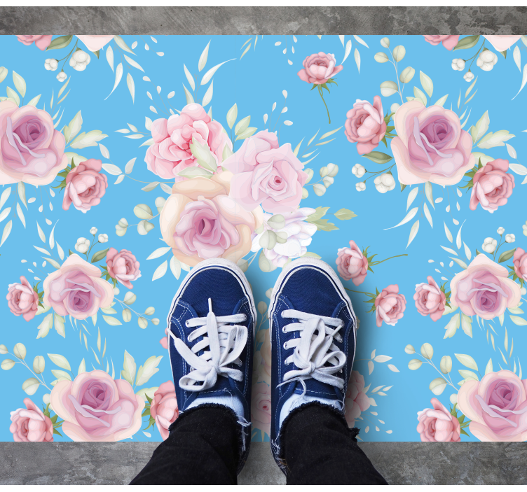 ROSE BLOSSOMS ON BLUE flower vinyl rug - TenStickers