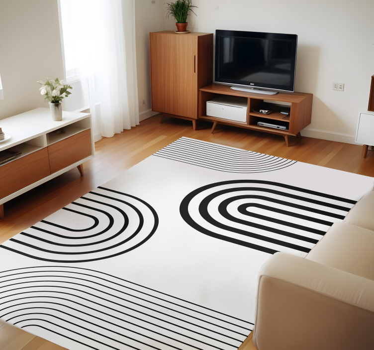 Thin minimalist black arcs white vinyl rug - TenStickers