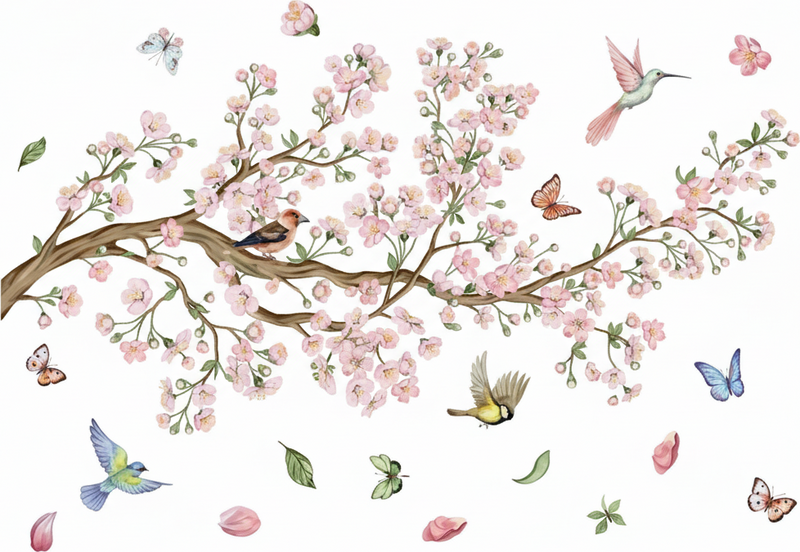 Cherry blossom with birds flower vinyl rug - TenStickers