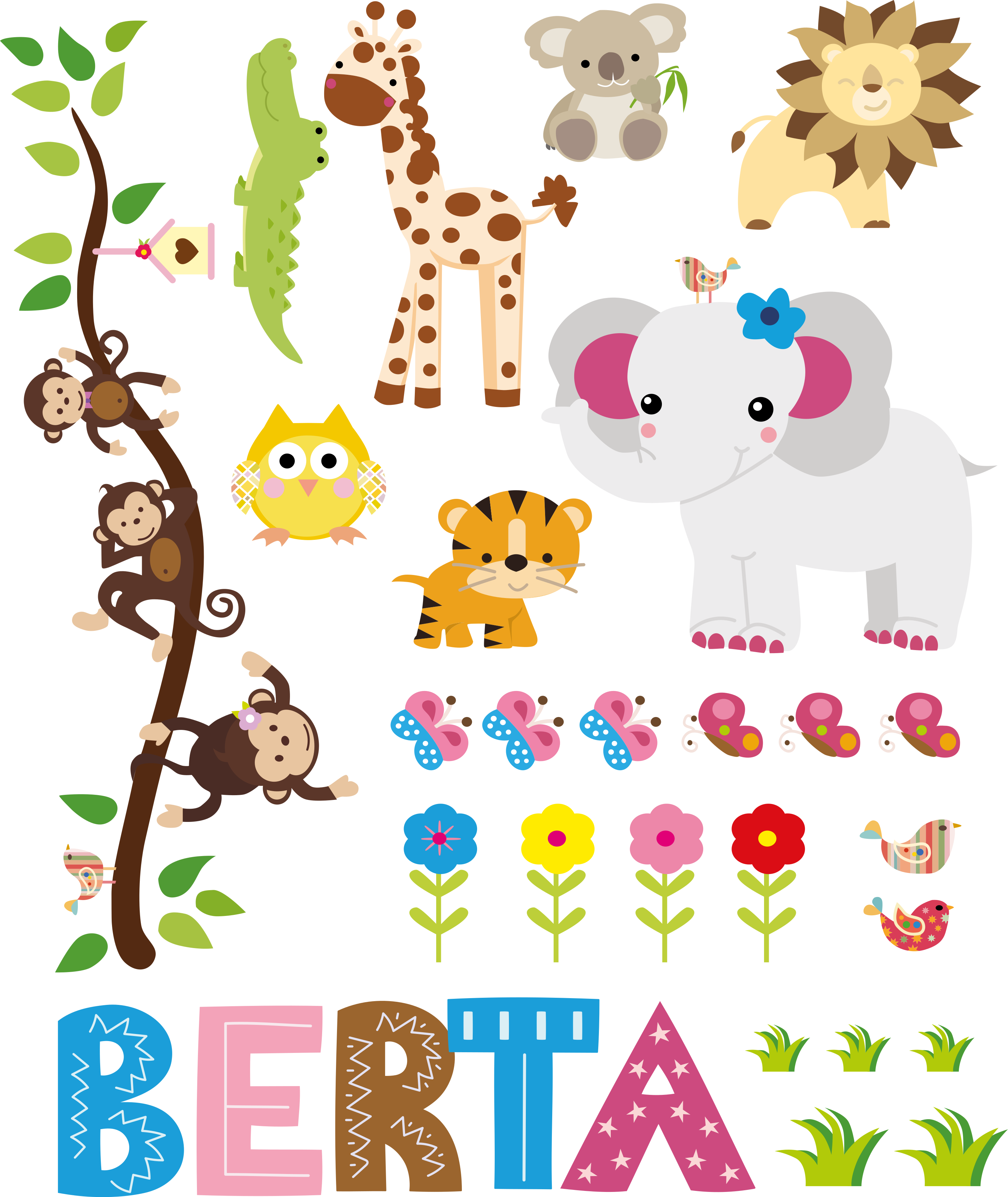 Jungle tree with name animal vinyl rug - TenStickers