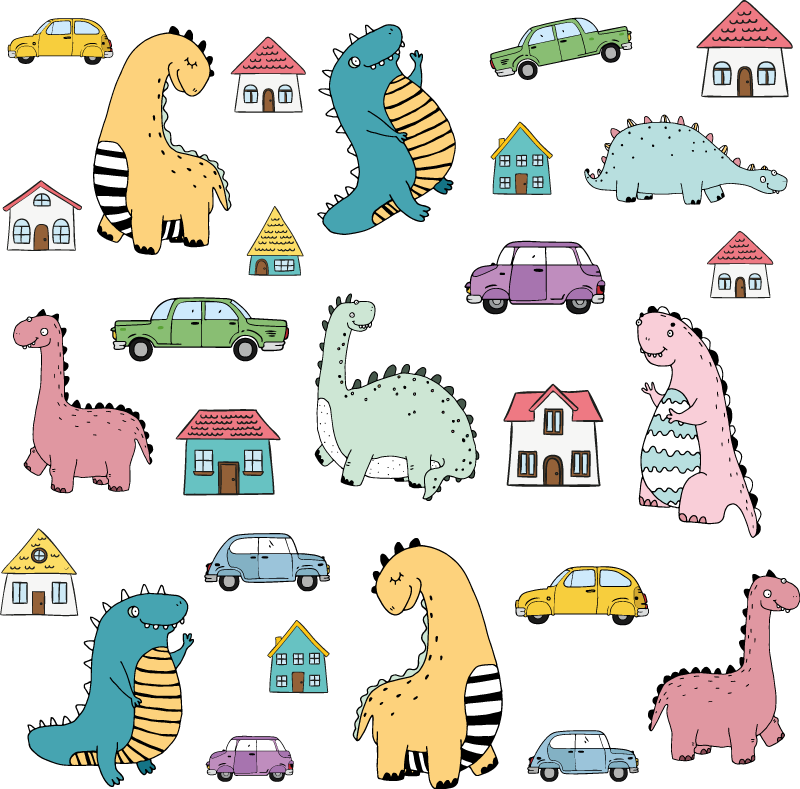 Animal vinyl rug nordic dinosaurs in town set - TenStickers