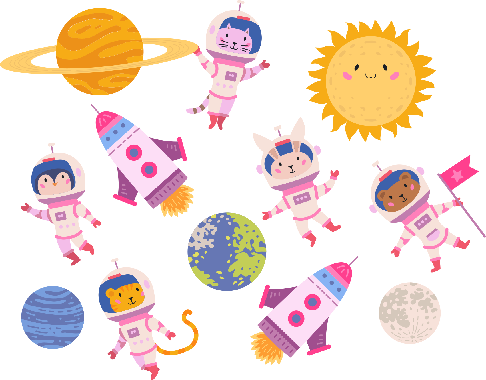 Animal vinyl rug featuring astronaut animals and rocket - TenStickers