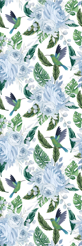 Flower vinyl rug blue garden flowers with birds - TenStickers