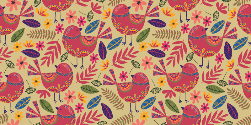 Flower vinyl rug with vibrant bird folk art design - TenStickers