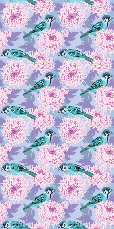 Flower vinyl rug with pink garden flowers and birds - TenStickers