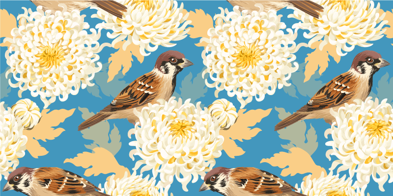 Flower vinyl rug with aquarella birds and leaves pattern - TenStickers