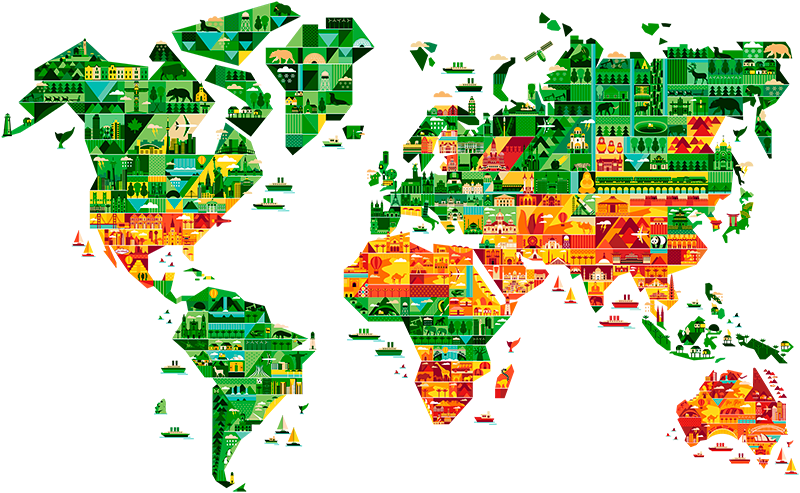 World map vinyl rug with landmark designs - TenStickers