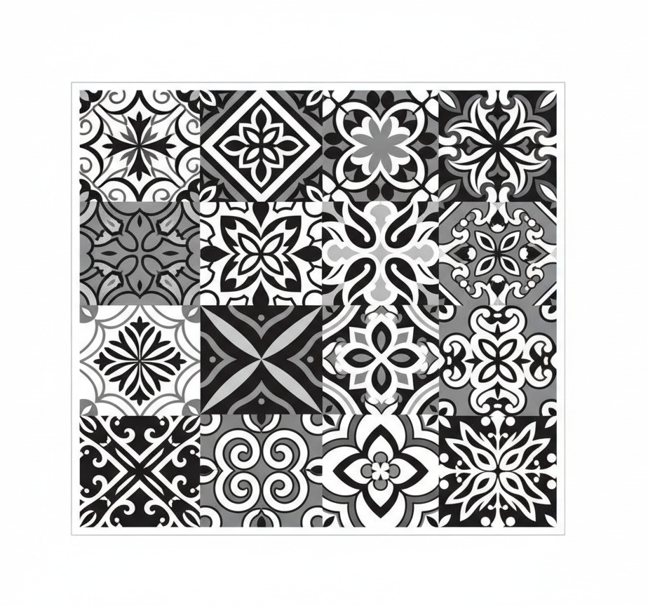 Kitchen vinyl rug with bold black geometric patterns - TenStickers